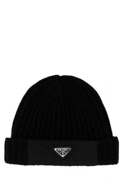 Shop Prada Man Black Wool Beanie Hat