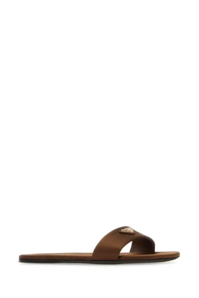 Shop Prada Woman Chocolate Satin Slippers In Brown