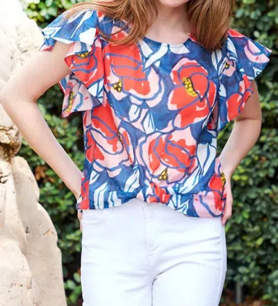 Shop Finley Shirts Knot Top Roses Print In Blue; Pink In Multi