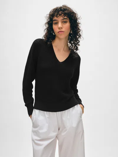 Shop White + Warren Linen Ribbed Raglan V Neck Sweater In Black
