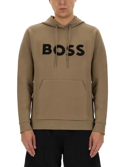 Shop Hugo Boss Boss Sweatshirt With Logo In Beige