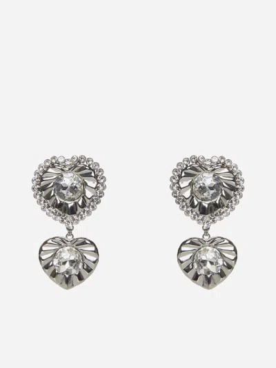 Shop Alessandra Rich Crystal Double Heart Earrings In Crystal,silver
