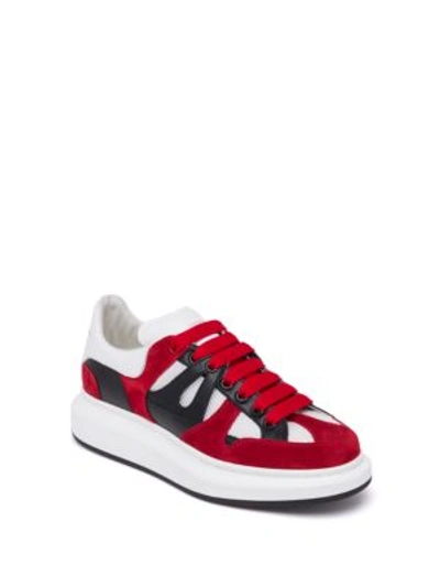 Alexander Mcqueen Contrast Paneled Calf Leather & Mesh Sneakers In Red White Black