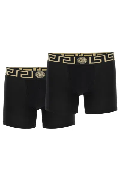 Shop Versace Bi-pack Underwear Trunk With Greca Band In Nero
