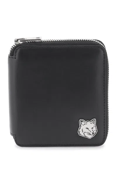 Shop Maison Kitsuné Fox Head Zip-around Wallet Portfolio In Nero