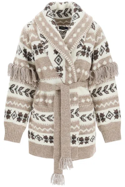 Shop Polo Ralph Lauren Jacquard Cardigan With Matching Belt In Beige