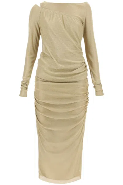Dolce & Gabbana Lurex Longuette Midi Dress With Detachable Sleeve In Oro
