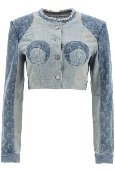 Shop Marine Serre Regenerated Denim Cropped Jacket In Blu