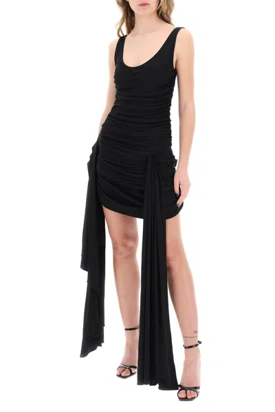 Mugler Draped Mini Dress With Side Trains In Black
