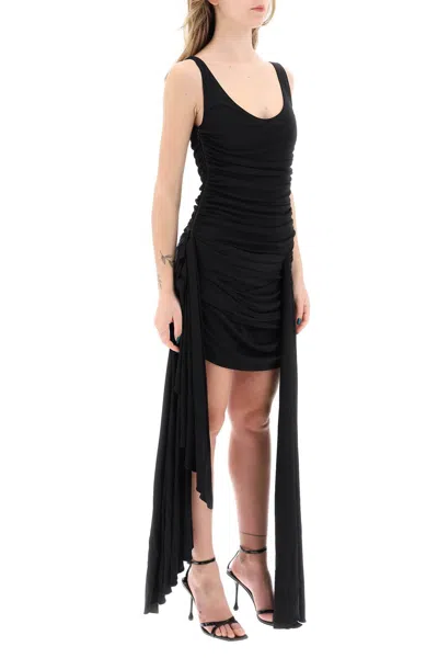 Mugler Draped Mini Dress With Side Trains In Black