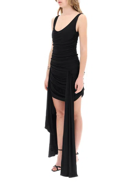 Mugler Draped Mini Dress With Side Trains In Black
