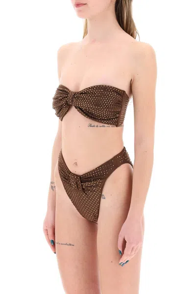 Shop Self-portrait Self Portrait Strapless Bikini Top With Rhin In Brown