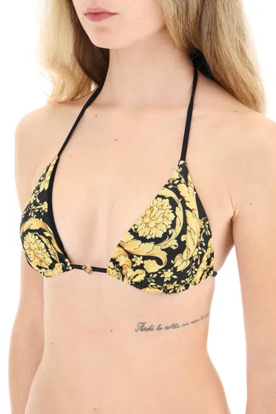 Shop Versace Barocco Triangle Bikini Top In Yellow
