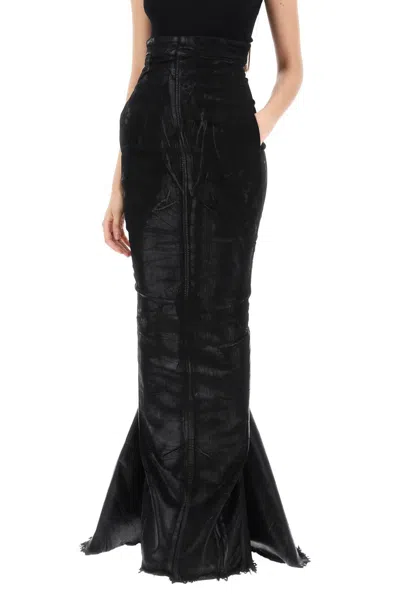 Shop Rick Owens "maxi Denim Skirt With Coated Dirt Pill In Black