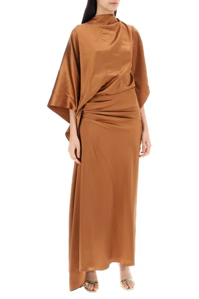 Shop Christopher Esber Cusco Silk Draped Midi Dress In 棕色的