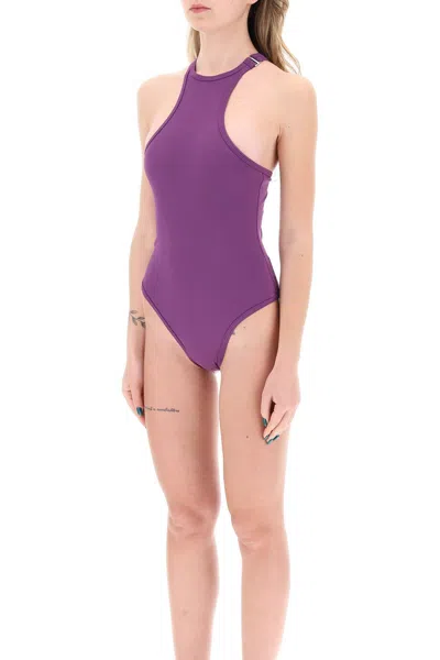 Shop Attico The  Ribbed Lycra One Piece Swims In Purple