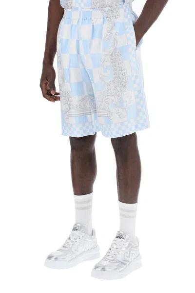 Shop Versace Printed Silk Bermuda Shorts Set In 白色的