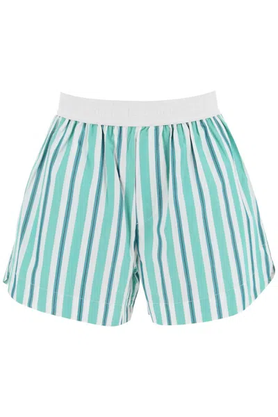 Shop Ganni Striped Shorts With Elastic Waistband In Green