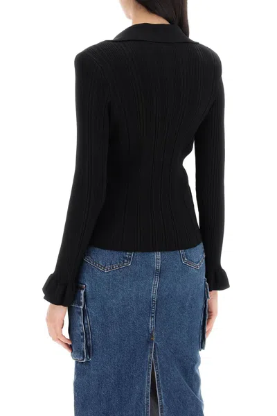 Shop Self-portrait Self Portrait Ribbed Knit Top With Long Sleeves In 黑色的