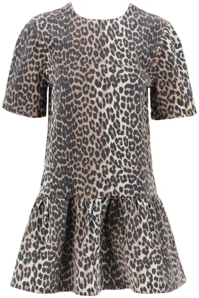 Shop Ganni Leopard Print Denim Mini Dress In 浅褐色的