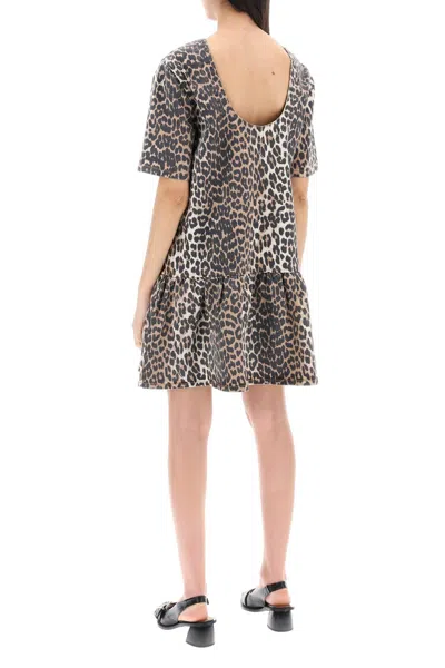 Shop Ganni Leopard Print Denim Mini Dress In 浅褐色的