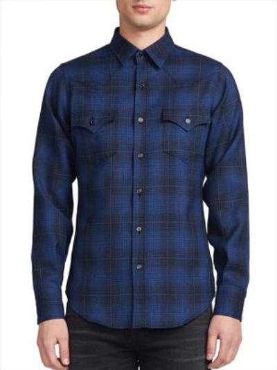 Shop Saint Laurent Shadow Plaid Wool Shirt In Blue