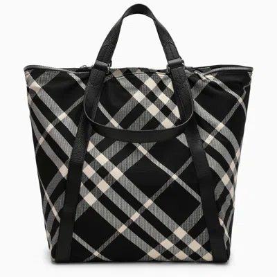 Shop Burberry Black/calico Cotton Blend Tote Bag With Check Pattern