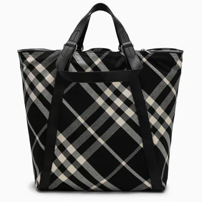 Shop Burberry Black/calico Cotton Blend Tote Bag With Check Pattern