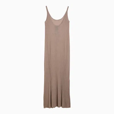 Max Mara Long Beige Ribbed Dress With U Neckline In Lurex Woman