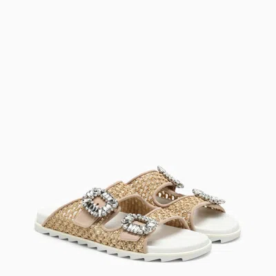 Shop Roger Vivier Raffia Slidy Viv' Mule With Rhinestone Buckle