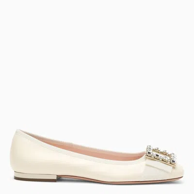 Shop Roger Vivier White Leather Ballerina With Rhinestone Buckle