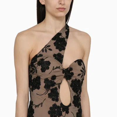 Shop Rotate Birger Christensen Midi Dress With Flowers And Beads Beige/black