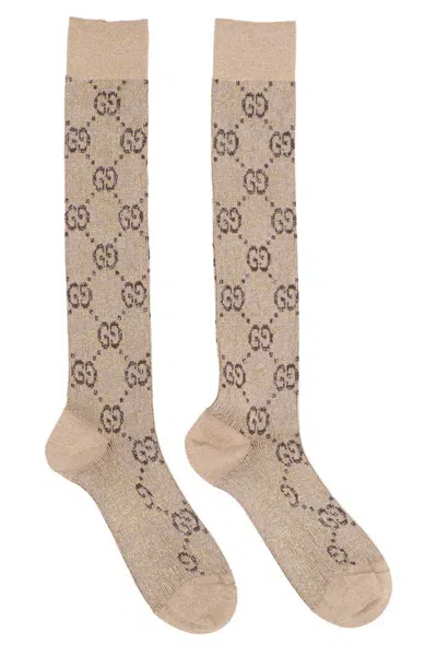 Shop Gucci Women Gg Lamè Socks In Cream