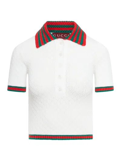 Shop Gucci Women Lace And Cotton Polo Shirt In White