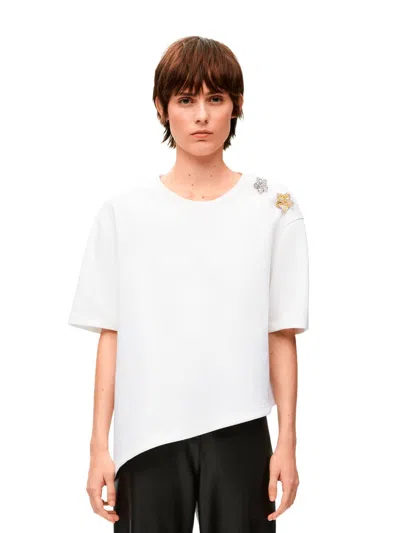Shop Loewe Women Asymmetric T-shirt With Crystals Flowers In White