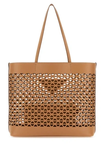Shop Prada Woman Sand Leather Shopping Bag In Brown