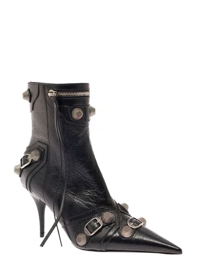 Shop Balenciaga 'cagole' Black Pointed Bootie With Studs And Buckles In Leather Woman