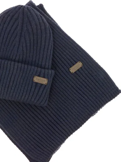 Shop Barbour "crimdon" Scarf And Beanie Ribbed Set In Blue