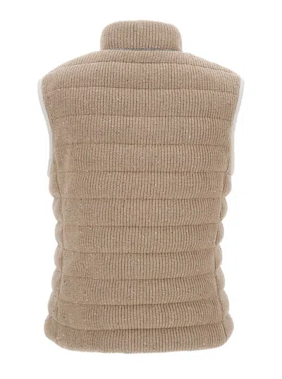 Shop Brunello Cucinelli Beige Sequined Padded Gilet In Cotton Blend Woman