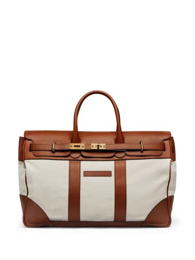Shop Brunello Cucinelli Cotton And Leather Weekender Country Bag In Leather Brown