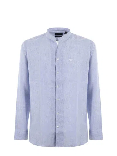 Shop Emporio Armani Linen Blend Striped Shirt In Clear Blue