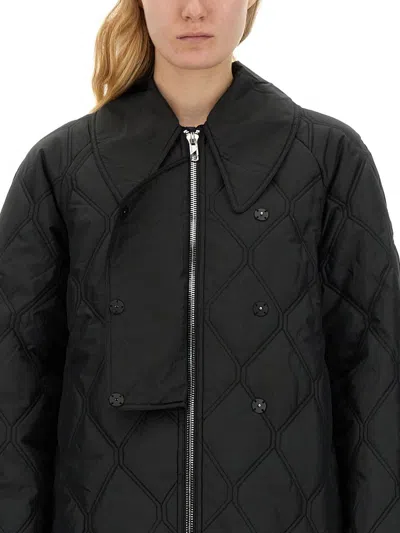 Shop Ganni Black Quilted Jacket With Oversized Collar In Recyclaed Polyamide Woman