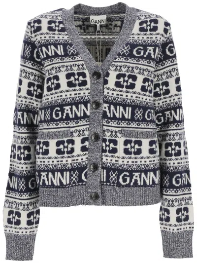 Shop Ganni Grey Cardigan With Graphic Print All-over In Wool Blend Woman In Blu