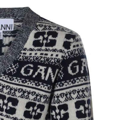 Shop Ganni Grey Cardigan With Graphic Print All-over In Wool Blend Woman In Blu
