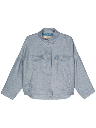 Herno Logo-engraved Buttons Herringbone Jacket In Blue
