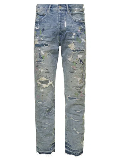 Shop Purple Brand Light Blue Wrinkled Jeans With Rips And Paint Stains In Cotton Denim Man