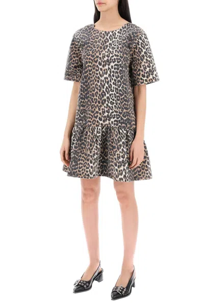 Shop Ganni Leopard Print Denim Mini Dress