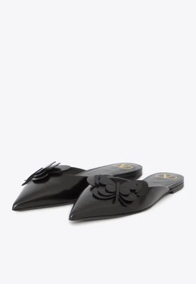 Shop Valentino Butterfly Applique Leather Flat Mules In Black