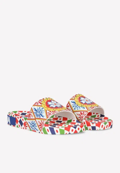 Shop Dolce & Gabbana Carretto Print Rubber Beach Slides In Multicolor