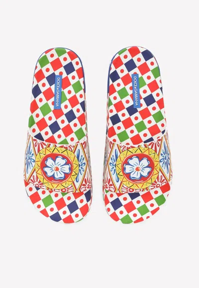 Shop Dolce & Gabbana Carretto Print Rubber Beach Slides In Multicolor